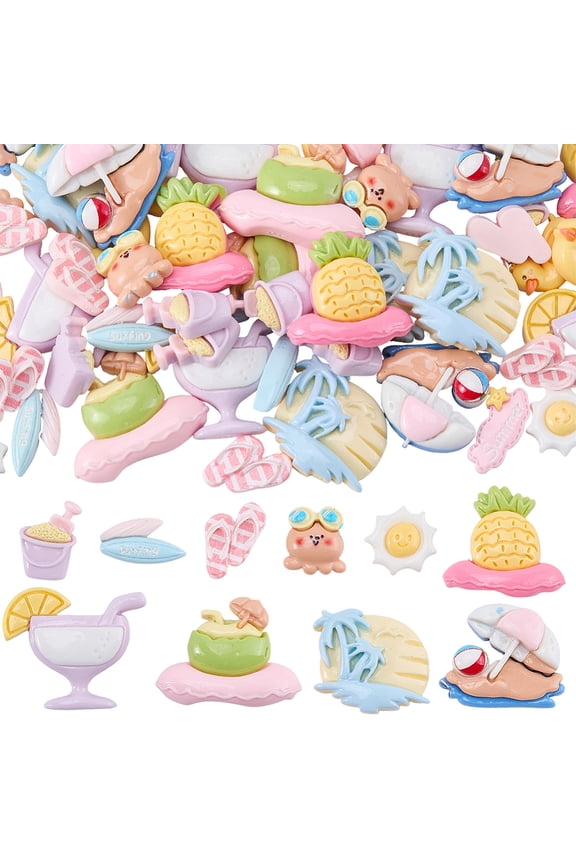 1 Box 80Pcs Summer Craft Embellishments Summer Resin Charms Bulk Assorted Cute Colorful Random Styles Flatback Sea Hawaii Beach Cabochon