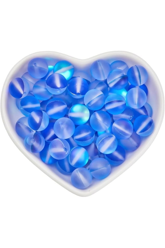 1 Box 80pcs Moonstone Matte Crystal Glass Beads Blue Glass Beads 10mm Frosted Glass Beads Blue Round Large Clear Transparent Aurora Matte Bead Bulk for Jewelry Making Valentine Christmas DIY