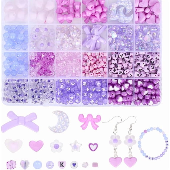 1 Box 828Pcs Purple Acrylic Beads Bracelet Making Kit Round Star Tie Moon Heart Alphabet Bead Bulk Bicon Loose Spacer Violet Beads for Bracelets Necklaces Earrings Jewelry Making Crafts