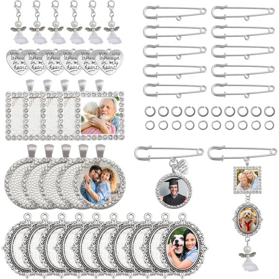 1 Box 84 Pcs Wedding Bouquet DIY Photo Charm Memorial Bridal Charm Oval Round Pin Brooch Making Kit Heart Memorial Locket Cabochon Pendants for Jewelry Making Wedding Graduation