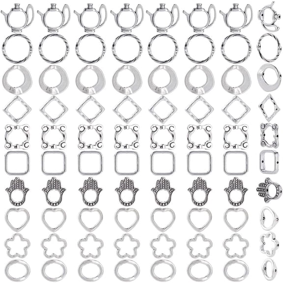 1 Box 84Pcs 10 Styles Flower Frame Bead Alloy Bead Frame Tibetan Style Square Round Ring Kettle Heart Square Hand Spacer Link Connector Beads Bracelet Beading DIY Crafts