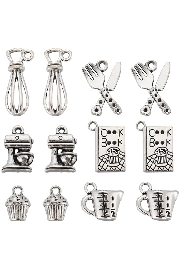 1 Box 84Pcs 6 Styles Silver Baking Charm Bulk Cooking Charms Cake Mini Cookbook Knife Coffee Cup Kitchen Charm for Jewelry Making
