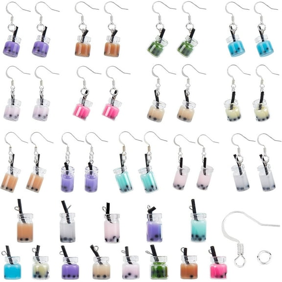 1 Box 86Pcs DIY 13 Pairs Tea Charms Tea Charm Earring Making Starter Kit Mini Bottle Drink Fruit Juice Milk Tea Charms for Jewelry Making Kits Craft Supplies Beginner Mixed Color