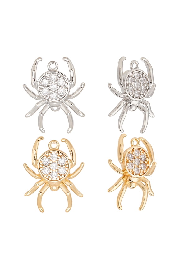 1 Box 8Pcs 2 Colors Brass & Cubic Zirconia Pendants Spider Charm Mixed Color 20.5x16x3mm Hole: 1.2mm 4pcs/color