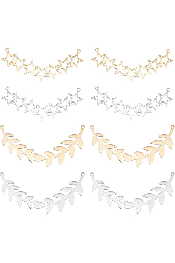 1 Box 8Pcs 2 Styles 2 Colors Stainless Steel Macrame Charms Olive Branch and Star Links Golden Color Charm Pendant Connectors for DIY Necklace Bracelet Jewelry Making