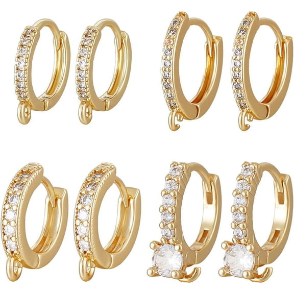 1 Box 8Pcs 4 Style Brass Micro Pave Clear Cubic Zirconia Hoop Earrings Findings with Loops Real 18K Gold Plated 14~115.5x13~14x2~4.5mm Pin: 0.6~1mm 2Pcs/style