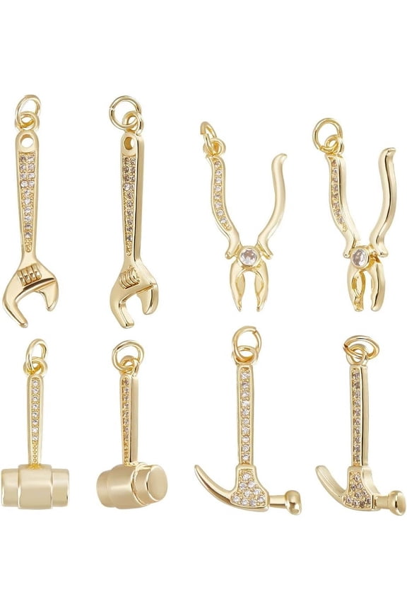 1 Box 8Pcs 4 Styles Mini Tool Charms Golden Wrench & Plier & Hammer Charm 18K Golden Brass Plated with CZ Stone Pendants
