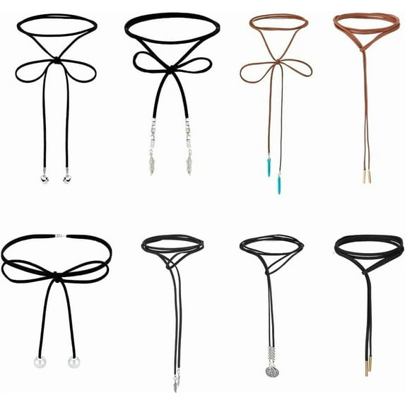 1 Box 8Pcs 8 Style Faux Suede & Nylon Cord Lariat Necklaces Set Heart & Feather Alloy Charms Adjustable Necklaces for Women Mixed Color 40.94~67.56 inch(104~171.6cm) 1pc/style