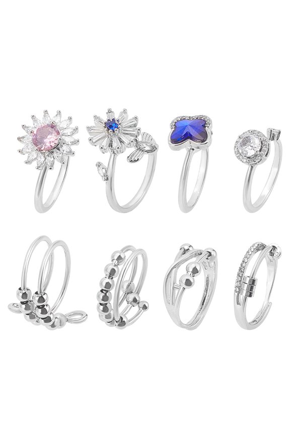 1 Box 8Pcs 8 Style Flower & Butterfly & Diamond Rhinestone Rotating Open Cuff Rings Set with Glass Platinum Brass Calming Worry Stackable Rings for Women Platinum Inner Diameter: 17~19mm 1Pc/style