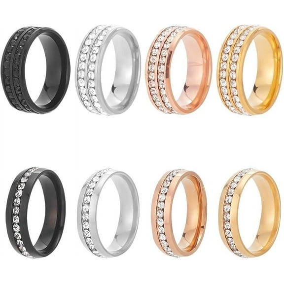 1 Box 8Pcs 8 Styles Rhinestone Finger Rings Set Stainless Steel Rings for Women Mixed Color Inner Diameter: 17.9~18mm 1Pc/style