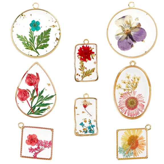 1 Box 8Pcs 8 Styles Transparent Epoxy Resin Inner Flower Pendants with Edge Golden Plated Alloy Loops Mixed Shapes Mixed Color 26~35x14.5~30x3~7mm Hole: 1.4~2mm 1pc/style