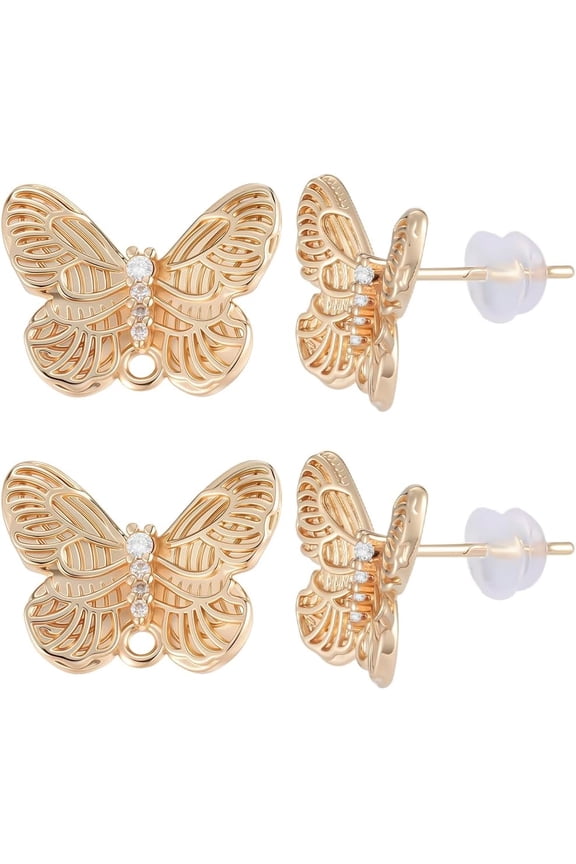 1 Box 8Pcs Butterfly Earring Findings 14K Gold Plated Earring Studs with Loop Brass Rhinestone Golden Ear Studs Components with Silicone Nuts