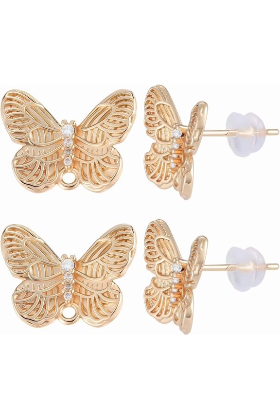 1 Box 8Pcs Butterfly Earring Findings 14K Gold Plated Earring Studs with Loop Brass Rhinestone Golden Ear Studs Components with Silicone Nuts
