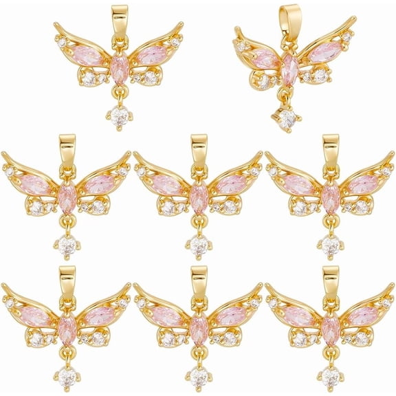 1 Box 8Pcs Charm 18K Gold Plated Brass Pink Butterfly with Cubic Zirconia Charm for DIY