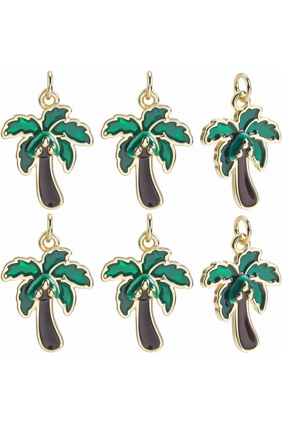 1 Box 8Pcs Coconut Tree Charms Enamel 18K Gold Plated Green Palm Tree Tropical Plant Summer Beach Charm