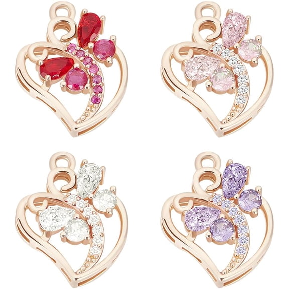 1 Box 8Pcs Cubic Zirconia Butterfly Charms Brass 4 Colors Heart Charms
