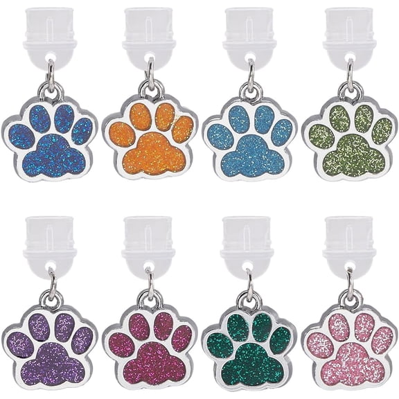 1 Box 8Pcs Dust Plug Charms Phone Charm Charging Port Protector Shiny Dog Cat Animal Paw Print Plastic Dustproof Type C Dust Plugs for Phones Earphones Laptops E-Reader Accesories Women Men