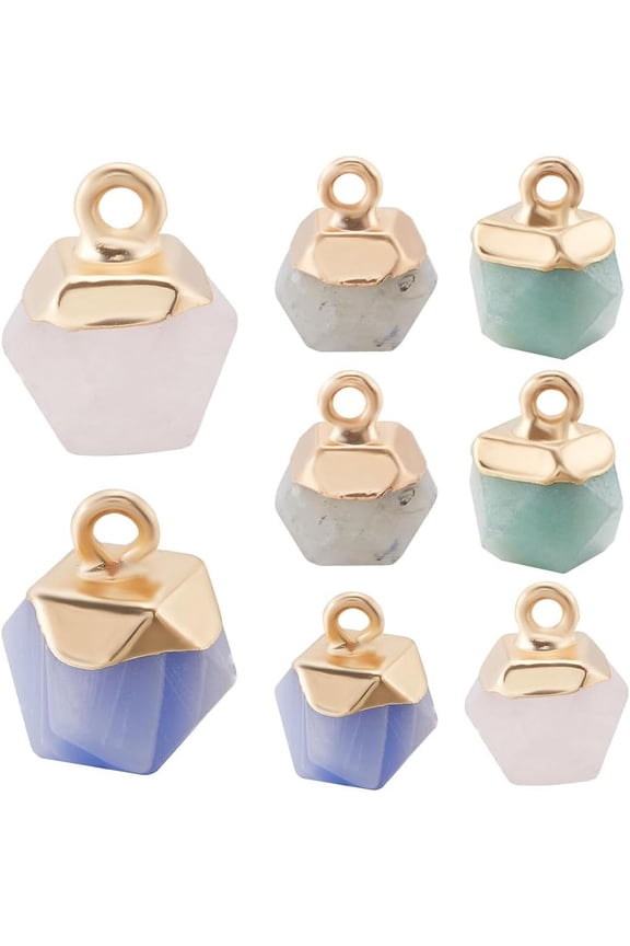 1 Box 8Pcs Gold Plated Healing Gemstone Charms Cutting Stone Charm Energy Rose Quartz Amazonite White Jade Labradorite Charms for DIY Jewelery Making Charms Diy Necklace Earring Craft Supplies
