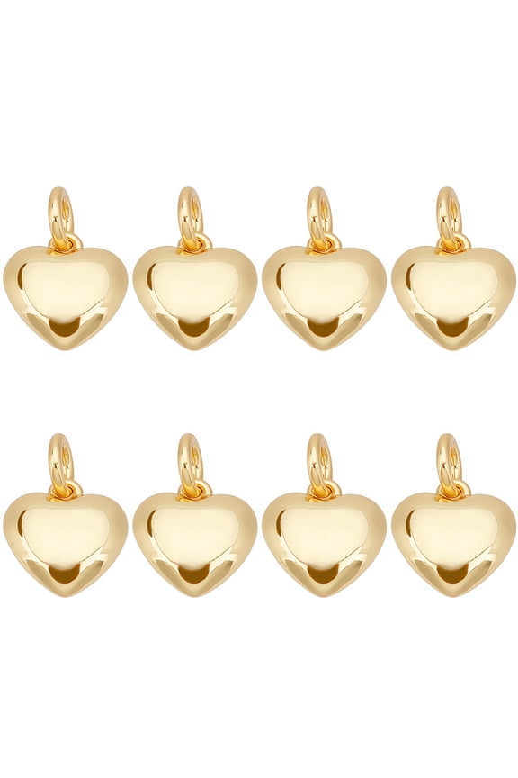 1 Box 8Pcs Heart Charms with Jump Rings Small 18K Gold Plate Metal 3D Puffy Dangle Love Heart Charm