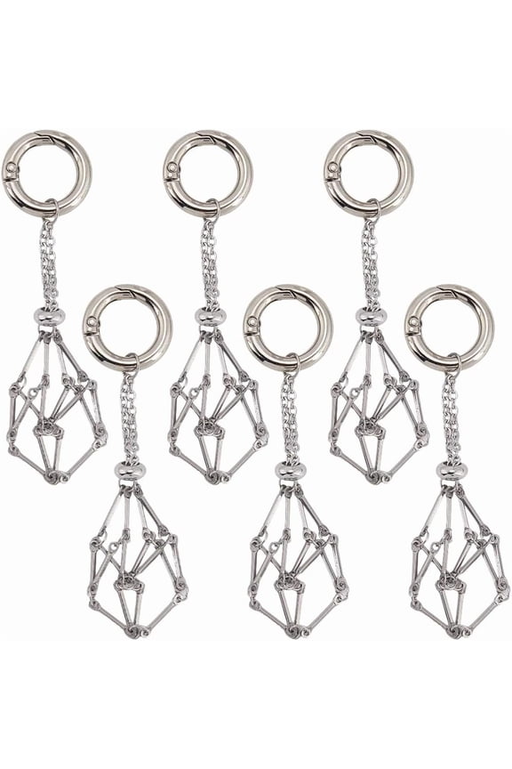 1 Box 8Pcs Holder Keychain Cage Keychains Bulk Stainless Steel Silver Empty Gemstone Stone Holders Rings Spring Key Chains