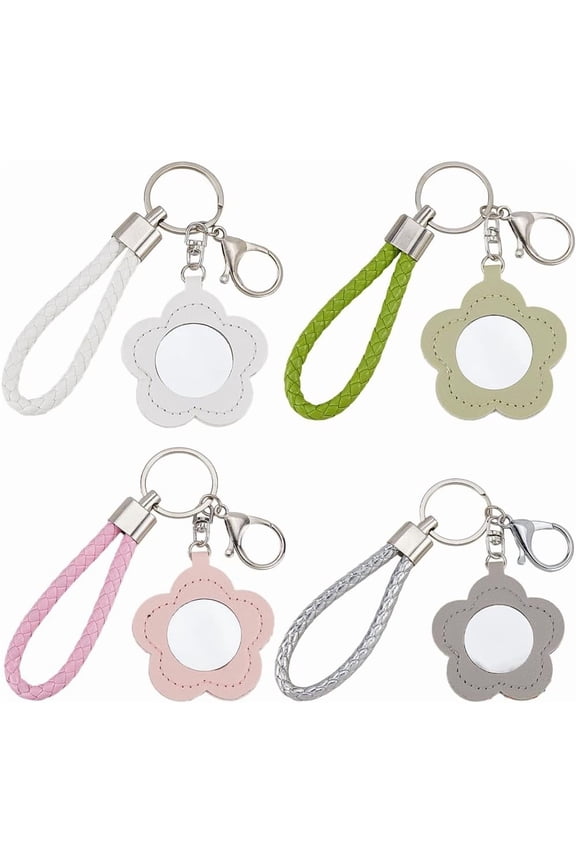 1 Box 8Pcs Mini Mirror Keychains Makeup Key Chains Bulk Pink White Flowers Spring Leather Travel Portable Pocket Cosmetic Keyrings for Bag Party Wedding Favors Diy Purse Handbags Women Adult