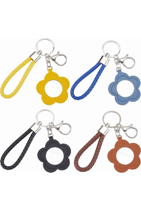 1 Box 8Pcs Mirror Key Chain Makeup Keychains Bulk Small Leather Black Blue Flowers Spring Portable Travel Mirrors Wrist Keyrings