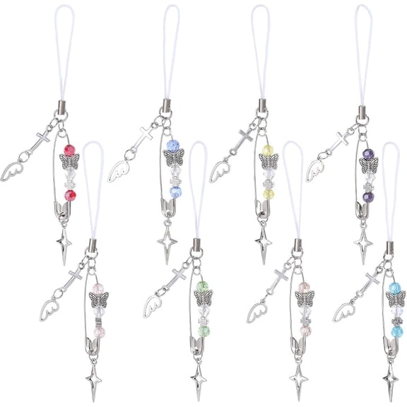 1 Box 8Pcs Phone Charm Cellphone Charms Dangle Bulk Silver Pin Bows Crucifix Gothic Strap Aesthetic Lanyard