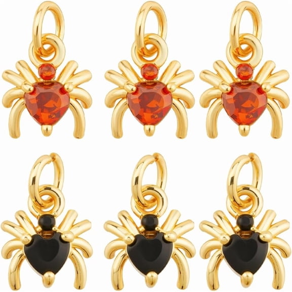 1 Box 8Pcs Real 18K Gold Plated Black Spider Charms Spider Charm Bulk Red Cubic Zirconia Rhinestone Gothic with Jump Ring Pendants