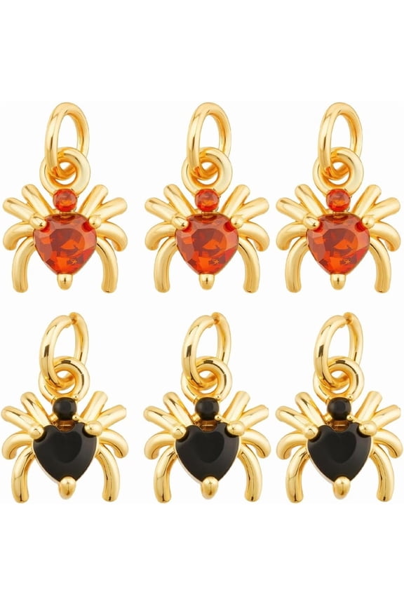 1 Box 8Pcs Real 18K Gold Plated Black Spider Charms Spider Charm Bulk Red Cubic Zirconia Rhinestone Gothic with Jump Ring Pendants