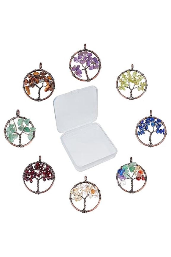 8Pcs Tree of Life Charms Bulk Colorful Flat Round Hollow Healing Crystal Gemstone Natural Quartz Chakra Pendants Wire Wrapped