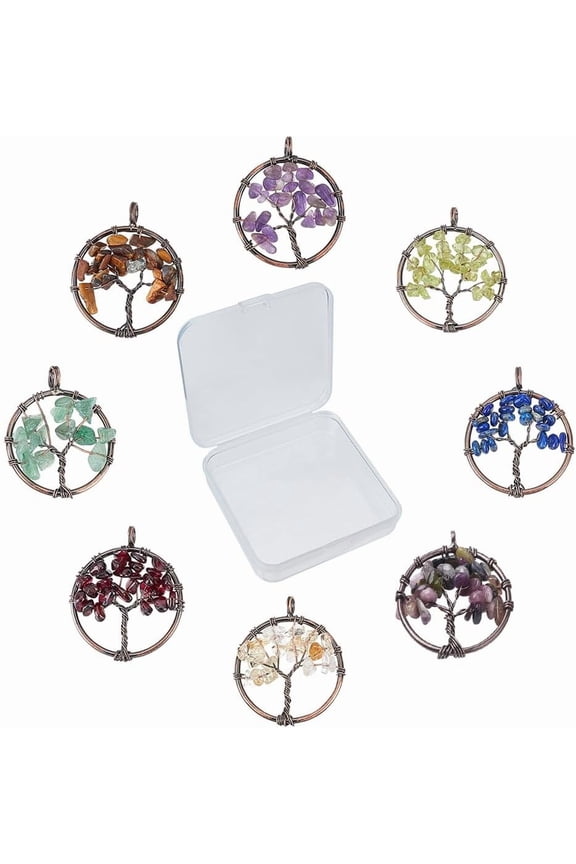 1 Box 8Pcs Tree of Life Charms Bulk Colorful Flat Round Hollow Healing Gemstone Natural Quartz Pendants Wire Wrapped for Jewelry Making Charms DIY Bracelets Crafts Supplies
