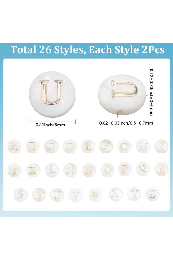 1 Box 8mm 52Pcs Letter Shell Beads Shells Beads Natural Alphabet White A to Z Letters Spell Name Conch Summer Loose Spacer for Crafts Jewelry Making DIY Bracelet Necklace Supplies Handmade