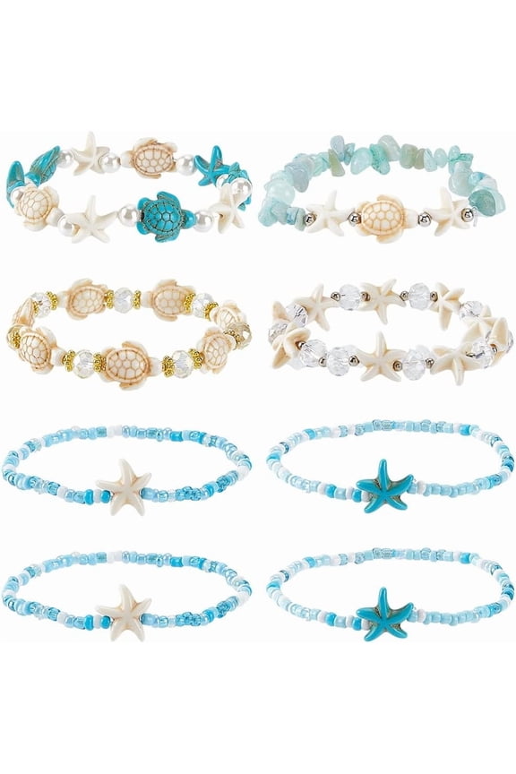 1 Box 8pcs 6 styles Turtle Bracelets for Women Beaded Bracelets for Women Trendy Fashion Boho Turquoise Gemstone Sea Starfish Turtles Beaded Jewelry Set Party Summer Wedding Favors Colorful DIY