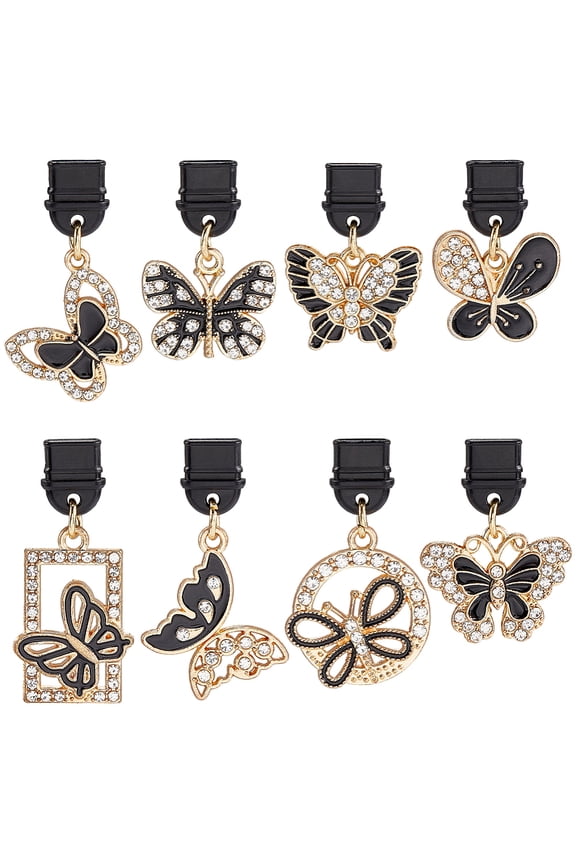 1 Box 8pcs Black Dust Plug Charm Cute Dust Plug Gothic Goth Butterfly Moth Black Light Gold Rhinestone Mobile Phone Antidust Plugs Charms Bulk