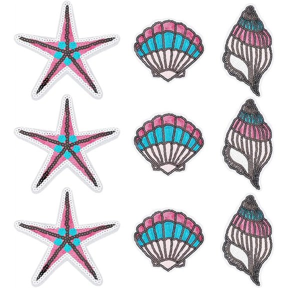1 Box 9 Pcs Conch Seashells Starfish Sequin Patches Paillette Iron on Cloth Patch Polyester Marine Shell Embroidery Applique Ocean Beach Sew on Applique Glitter Sequin Clothing Repair Patch