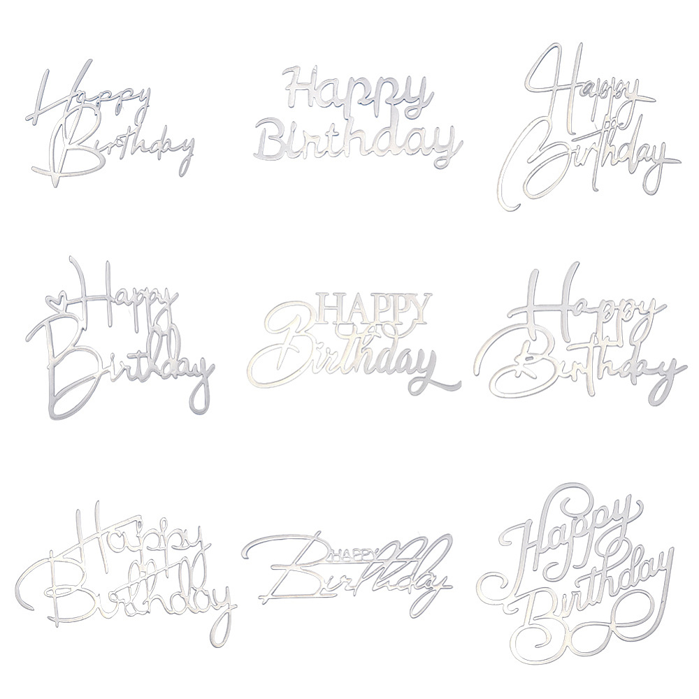 1 Box 9 Styles 18Pcs Silver Mirror Acrylic Cake Topper Happy Birthday ...