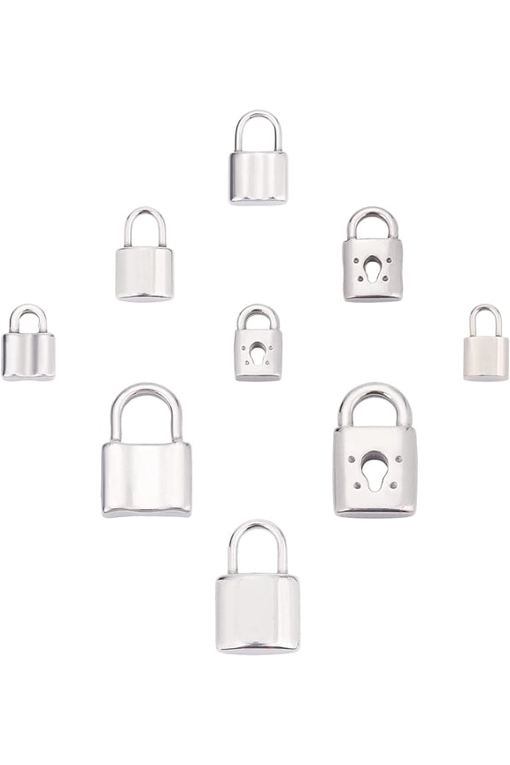 1 Box 9 Styles Silver Lock Charms Stainless Steel Padlock Pendants Mini Hollow Key Hole Lock Metal Charm for Gifts Earrings DIY Crafts Making Supplies