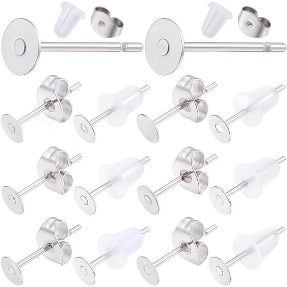 1 Box 900Pcs 4mm 304 Stainless Steel Earring Posts Flat Stud Earrings Cabochon Settings Round Blank Backs Silver Earring Post Findings