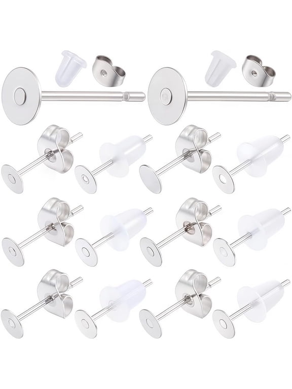 1 Box 900Pcs 4mm 304 Stainless Steel Earring Posts Flat Stud Earrings Cabochon Settings Round Blank Backs Silver Earring Post Findings