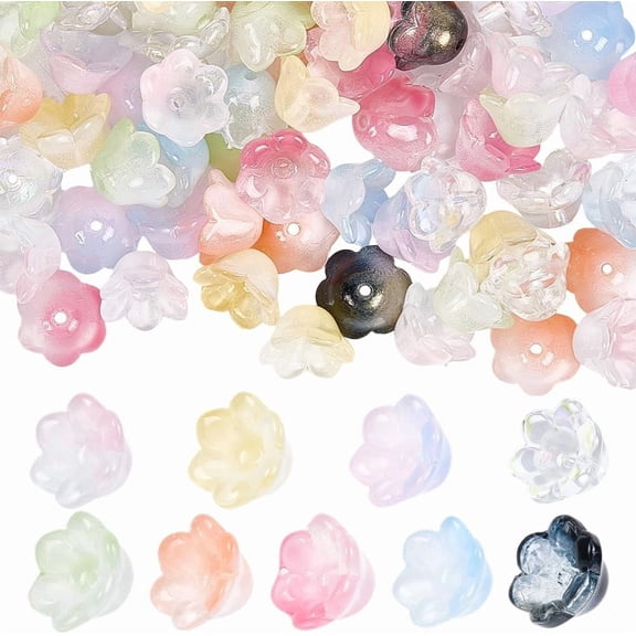 1 Box 90PCS 9 Colors Bell Flower Shaped Lampwork Beads with Holes Czech Flowers Glass Gradient Clear Spacer Loose Bead for DIY Jewelry Making Bracelets Necklaces DIY Craft Supplies
