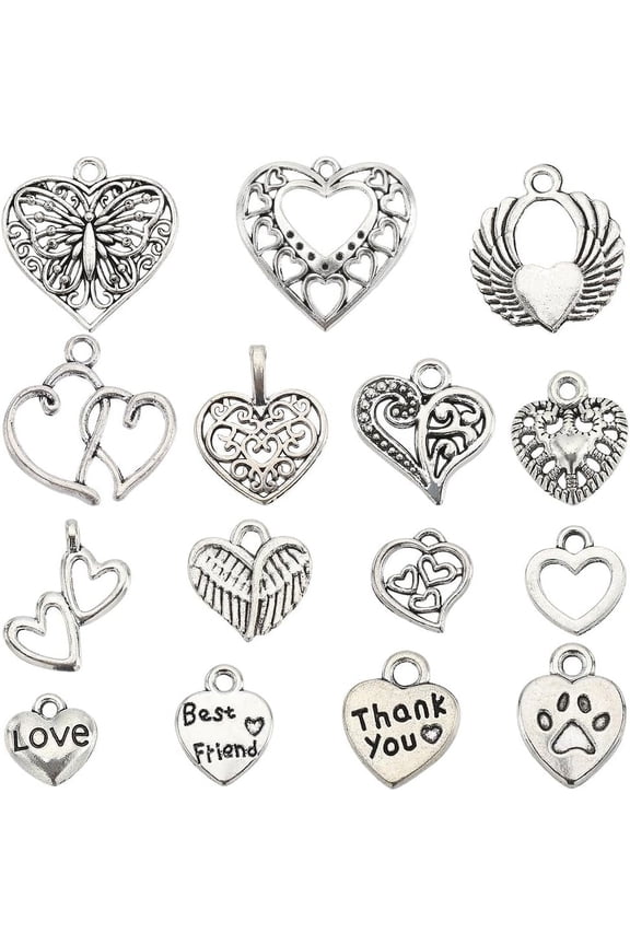 1 Box 90Pcs 15 Styles Heart Metal Charms Love Charms Hearts Charms Heart Charm Bulk Tibetan Style Alloy Sweet Love Charm for Jewelry Making Charms DIY Earrings Bracelet Necklace Wedding