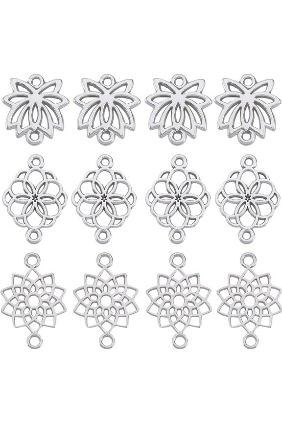 1 Box 90Pcs 3 Styles Silver Flower Connector Charms Bulk Small Lotus Charm Tibetan Style Alloy Spring Daisy Link Charm for DIY