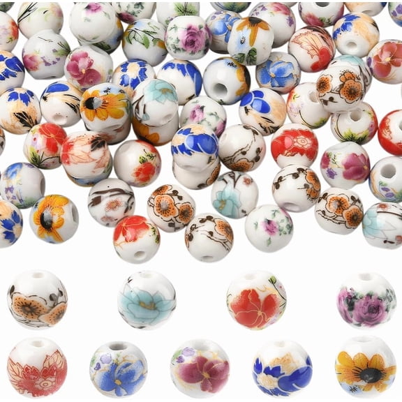1 Box 90Pcs Flower Porcelain Beads 10mm Ceramic Beads Bulk Traditional Chinese Floral Printed Ball Round Loose Spacers