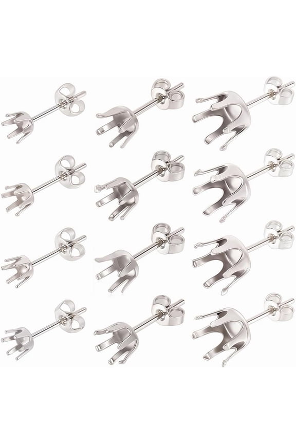 1 Box 90Pcs Prong Earring Setting 304 Stainless Steel Earring Posts Prong Earring Blanks Beads Rhinestone Claw Earring Component for Jewelry Making Women Adults DIY Stud Earrings Crafts