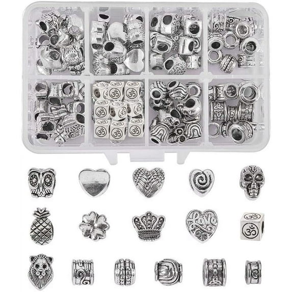 1 Box 96 Pcs Antique Silver 16 Assorted Mixed Shape European Beads Tibetan Style Alloy Large Hole Beads Spacer Loose Beads Charm Beads Fit European Bracelet Pendant