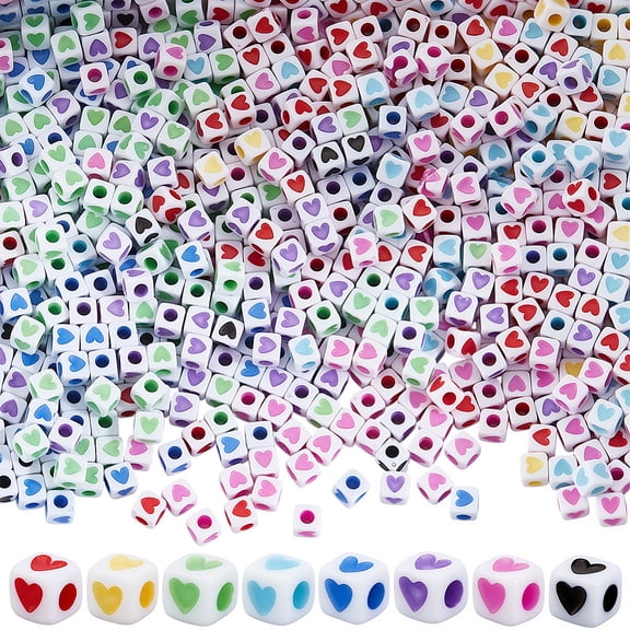 1 Box 960pcs 8 Colors Square Heart Beads Cube Heart Beads Mixed Color Acrylic Plastic Small Mini Cubic Shape Love Pattern Spacer DIY