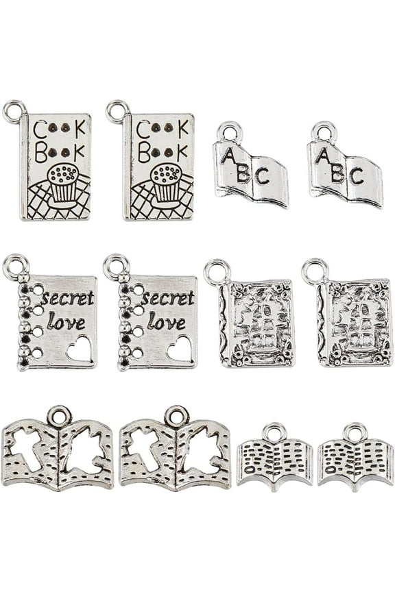 1 Box 96Pcs 6 Styles Book Themed Charms Teachers Day Charms Tibetan Alloy Back to School Teacher Books Graduation Charm