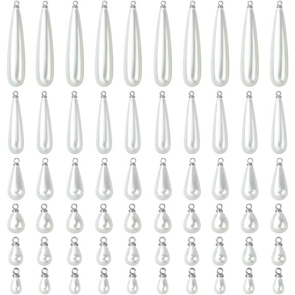 1 Box 96Pcs 6 Styles Pearl Teardrop Charms Dangle Pearl Charms with Iron Loop Silver Plastic Tear Drop Beads Pendants Findings for Jewelry Making Bracelets Necklaces Earrings DIY Crafts White