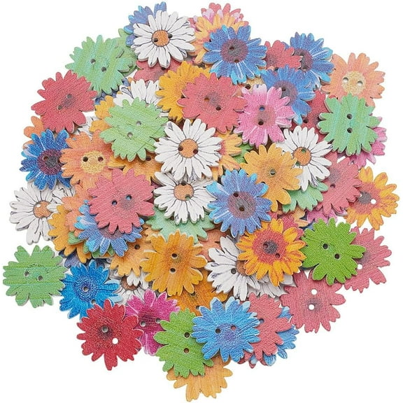 1 Box 96pcs Flower Wood Buttons White Daisy Buttons Bulk 2 Hole Large 25MM Wooden Spring Decorative Assorted Color Printed Floral Button for Crafts Clothes Sewing DIY Making Craft Decorations