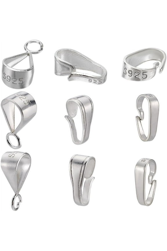 1 Box 9PCS 925 Sterling Silver Pendant Clasp Bail Connectors Metal Pinch Bails Hooks Clip Snap on Pendants Clasps Charms Bulk Supplies Bracelet Necklace Women DIY Craft